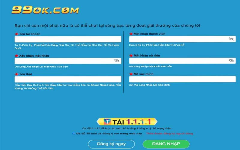 Đăng ký tài khoản nhà cái 99ok siêu nhanh